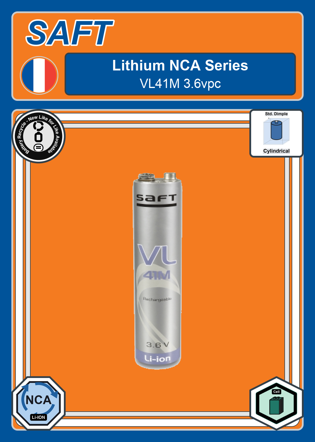Battery Recycle Saft Lithium NCA Series VL41M 3 6vpc