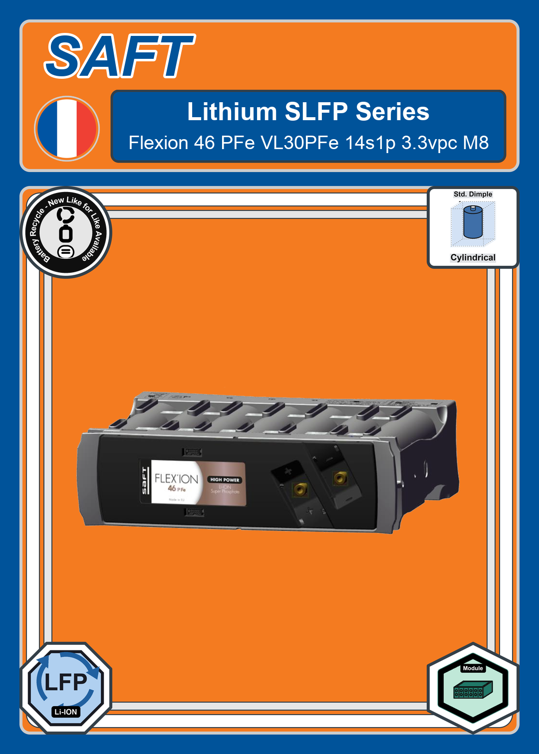 Battery Recycle Saft Lithium SLFP Series Flexion 46 PFe VL30PFe 14s1p 3 3vpc M8