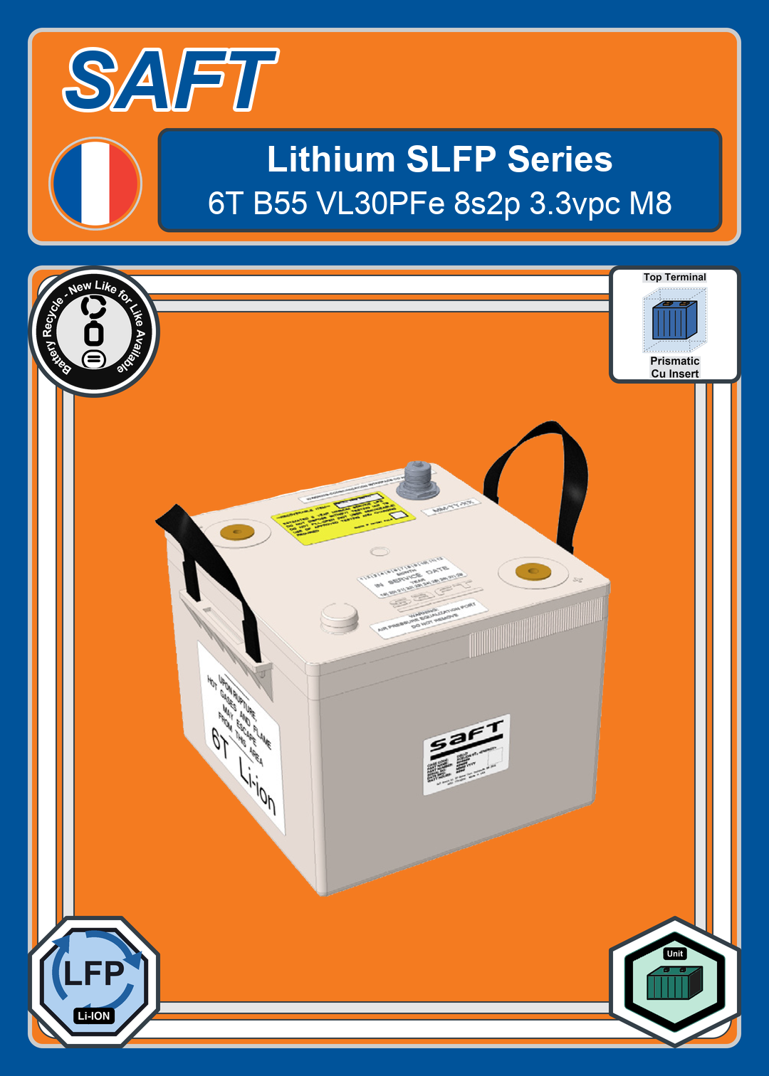 Battery Recycle Saft Lithium SLFP Series 6T B55 VL30PFe 8s2p 3 3vpc M8