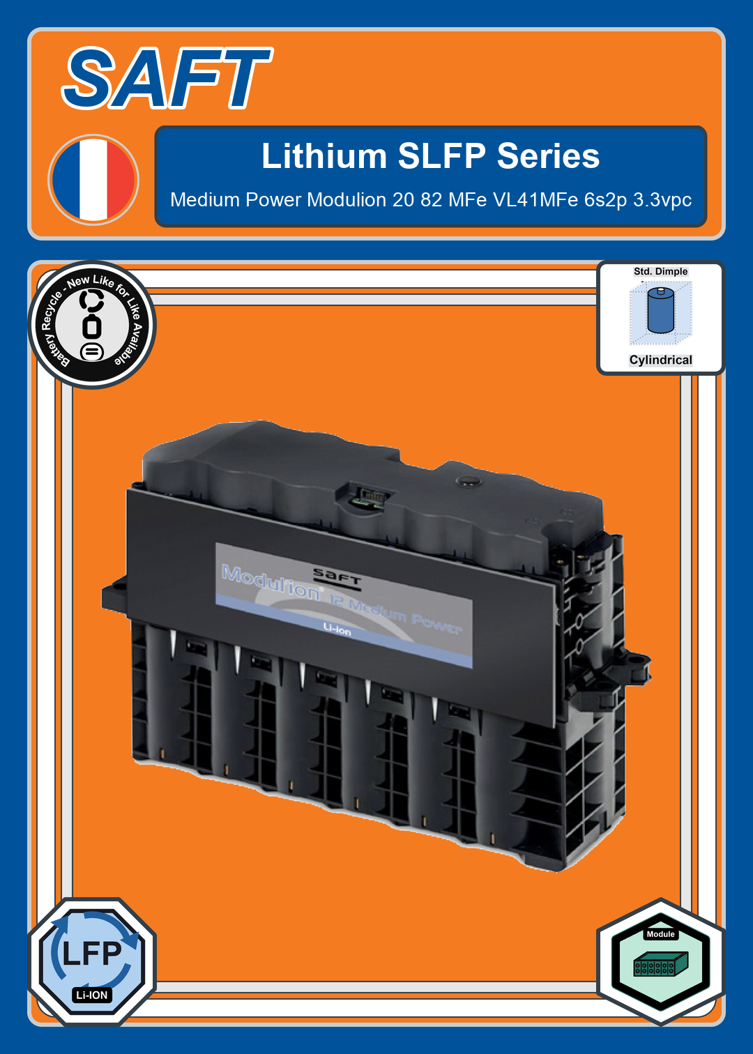 Battery Recycle Saft Lithium SLFP Series Medium Power Modulion 20 82 MFe VL41MFe 6s2p 3 3vpc