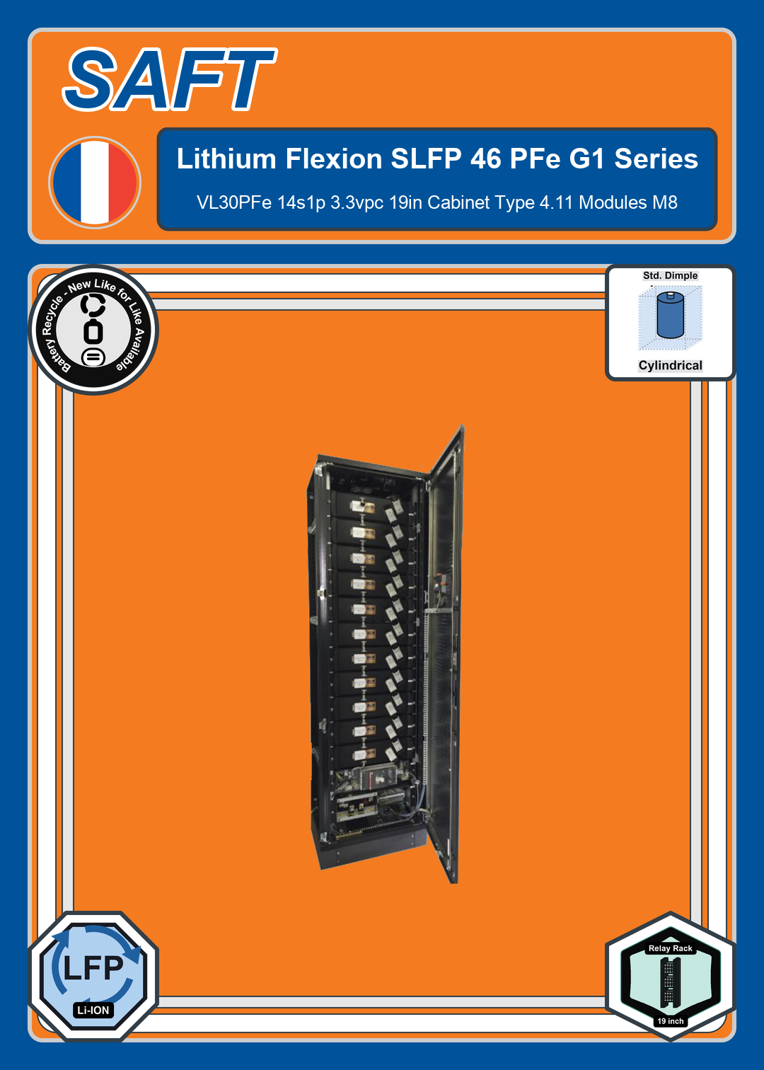 Battery Recycle Saft Lithium SLFP Series Flexion 46 PFe G1 VL30PFe 14s1p 3 3vpc 19in Cabinet Type 4 11 Modules M8