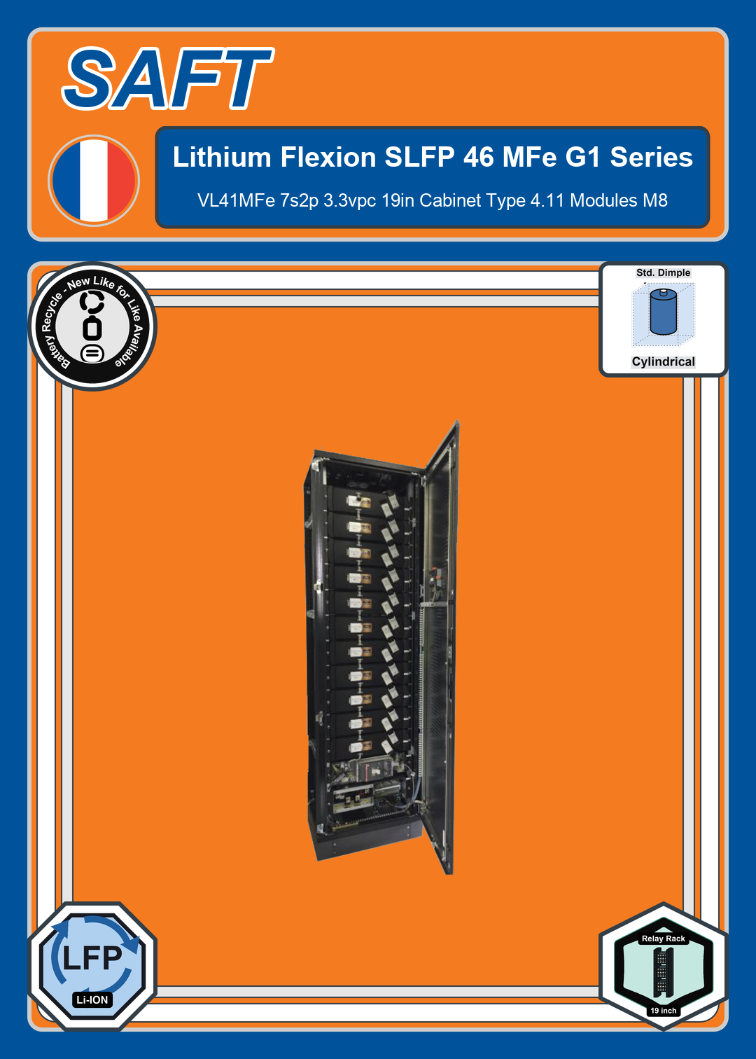 Battery Recycle Saft Lithium SLFP Series Flexion 23 MFe G1 VL41MFe 7s2p 3 3vpc 19in Cabinet Type 4 11 Modules M8