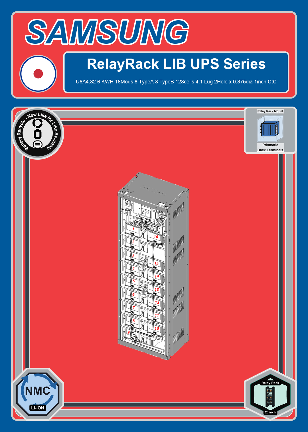 Battery Recycle Samsung RelayRack LIB UPS U6A4 32 6 KWH 16Mods 8 TypeA 8 TypeB 128cells 4 1 Lug 2Hole x 0 375dia 1inch CtC