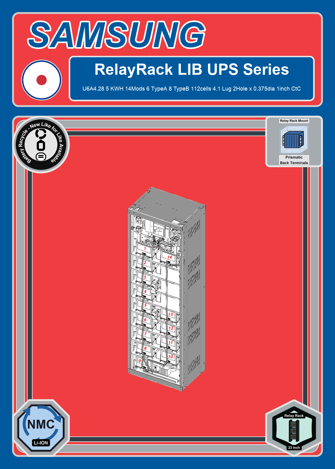 Battery Recycle Samsung RelayRack LIB UPS U6A4 28 5 KWH 14Mods 6 TypeA 8 TypeB 112cells 4 1 Lug 2Hole x 0 375dia 1inch CtC