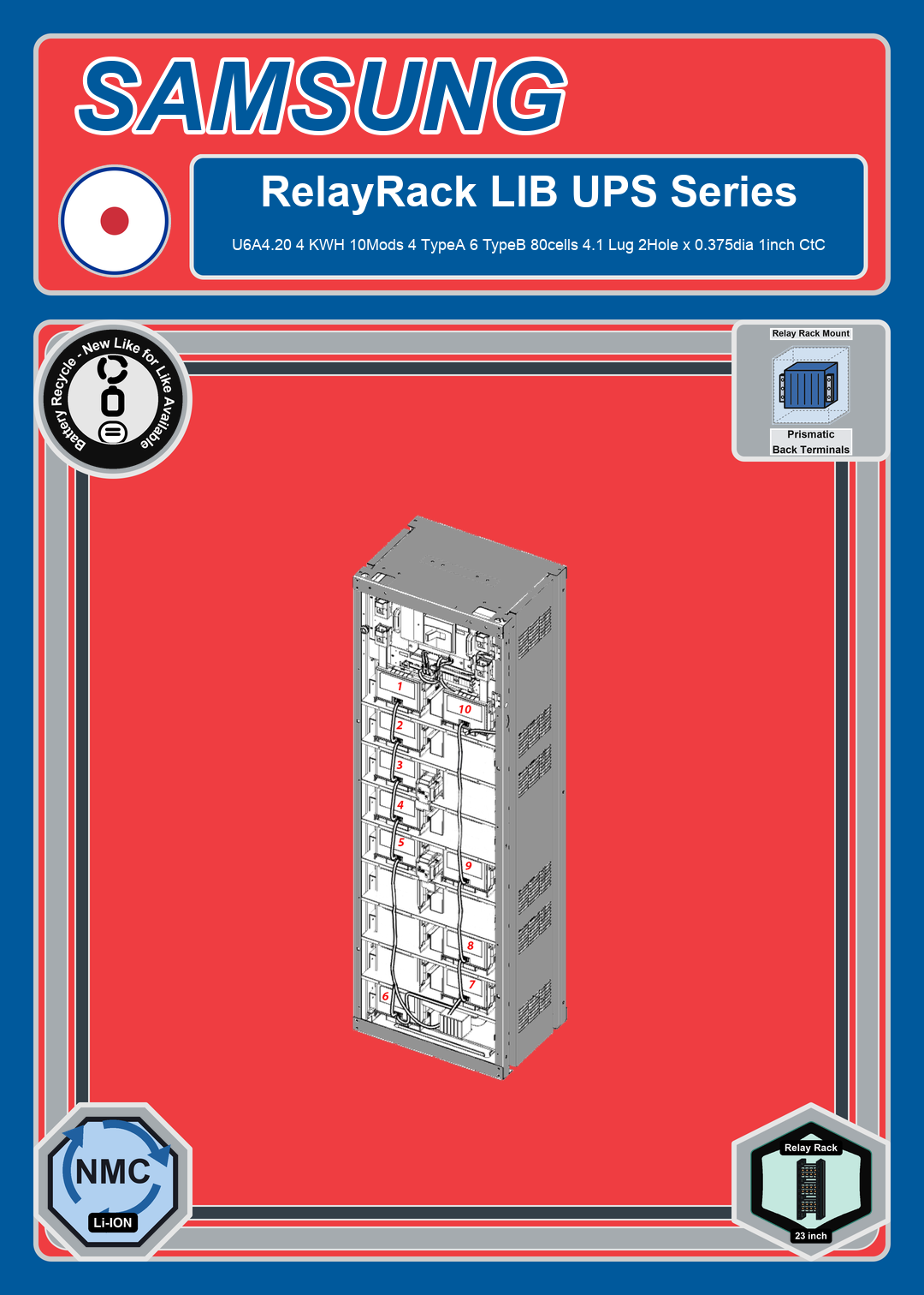 Battery Recycle Samsung RelayRack LIB UPS U6A4 20 4 KWH 10Mods 4 TypeA 6 TypeB 80cells 4 1 Lug 2Hole x 0 375dia 1inch CtC