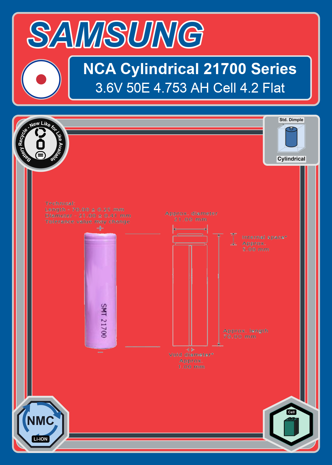 Battery Recycle Samsung NCA Cylindrical 21700 Series 3 6V 50E 4 753 AH Cell 4 2 Flat