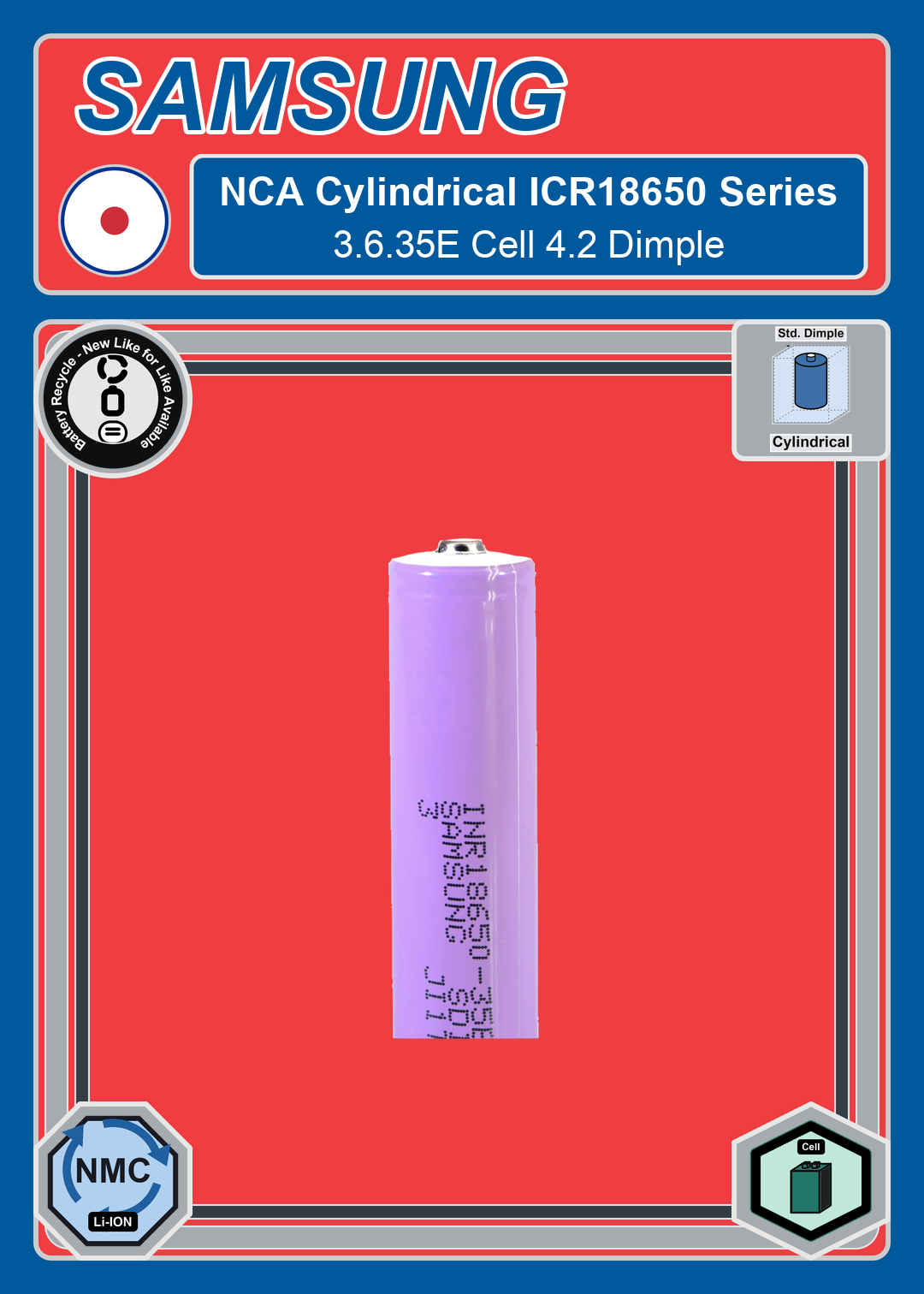 Battery Recycle Samsung NCA Cylindrical INR18650 Series 3 6 35E Cell 4 2 Dimple