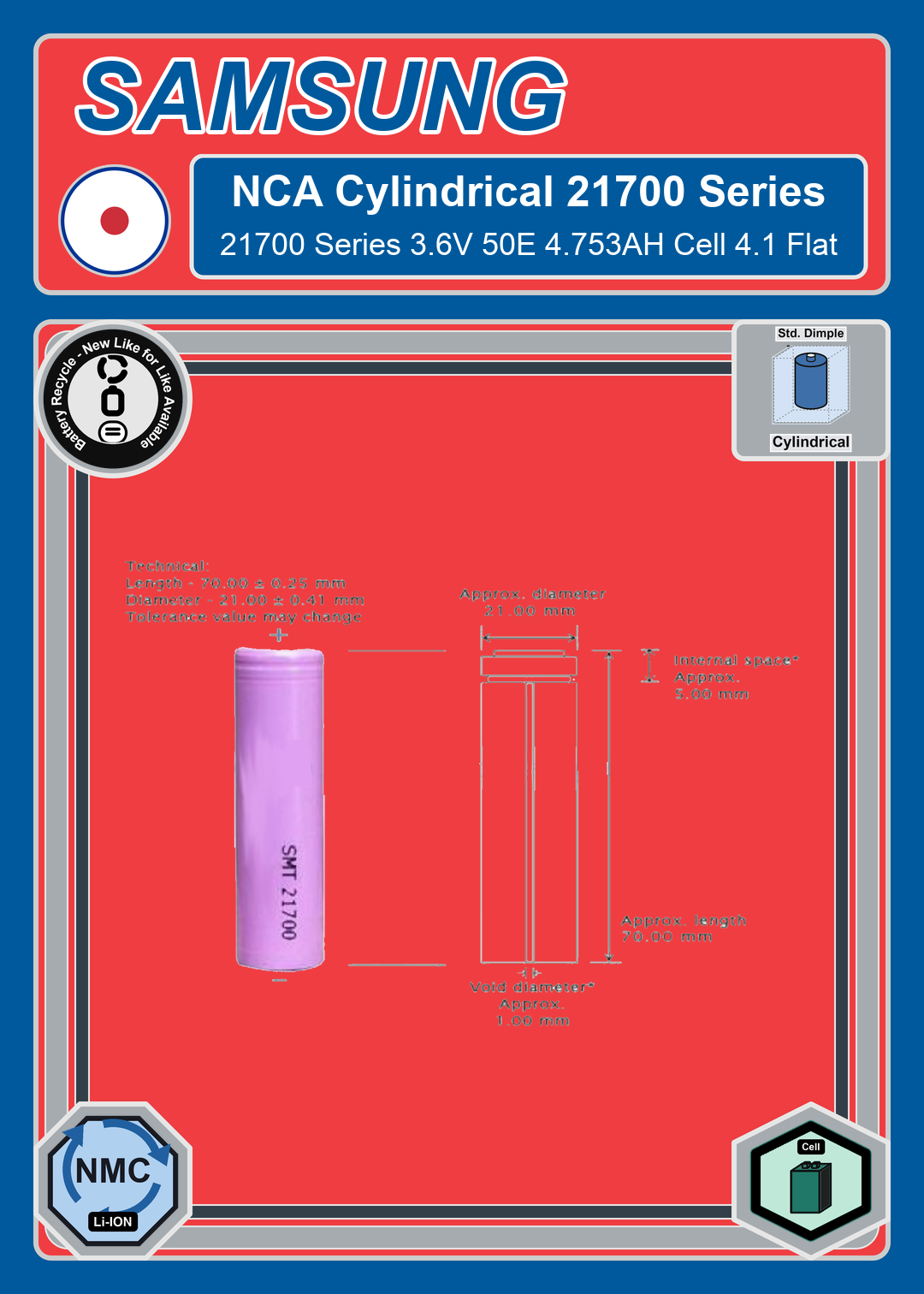 Battery Recycle Samsung NCA Cylindrical 21700 Series 3 6V 50E 4 753AH Cell 4 1 Flat