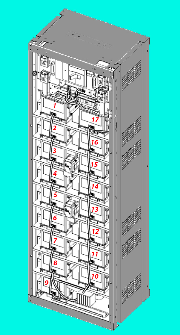 Product image for Battery Recycle Samsung RelayRack LIB UPS U6A4 34 6 KWH 17Mods 8 TypeA 9 TypeB 136cells 4 2 Lug 2Hole x 0 375dia 1inch CtC