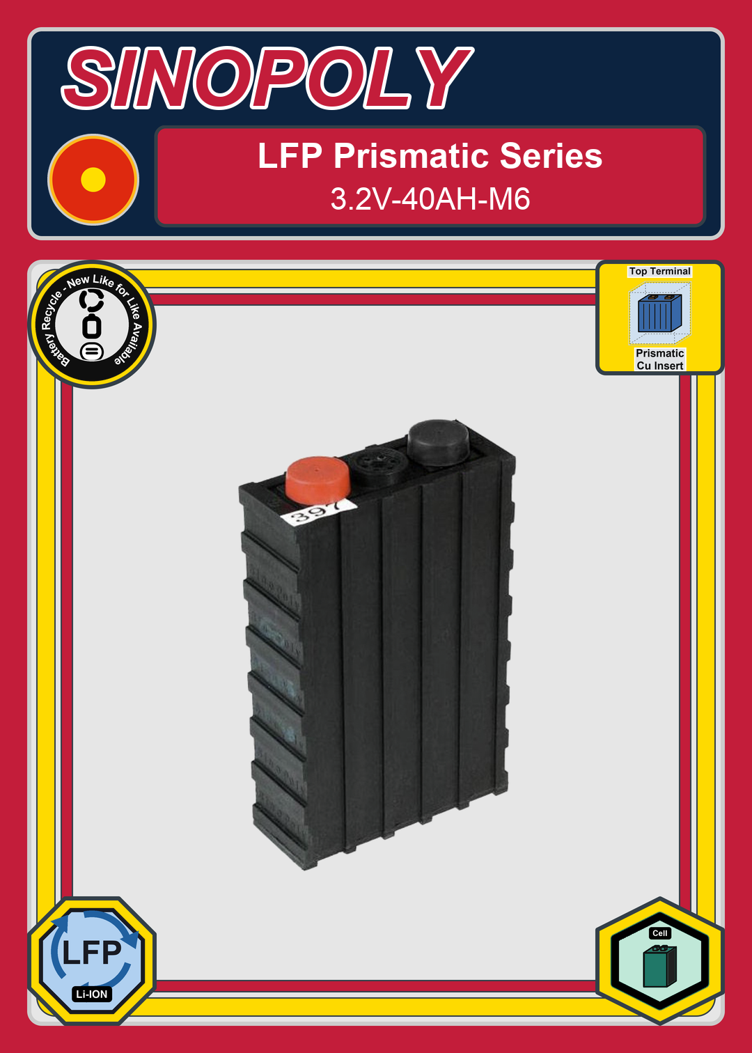 Battery Recycle Sinopoly LFP Prismatic Series 3 2V 40AH M6
