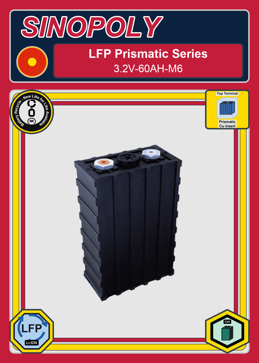 Battery Recycle Sinopoly LFP Prismatic Series 3 2V 60AH M6