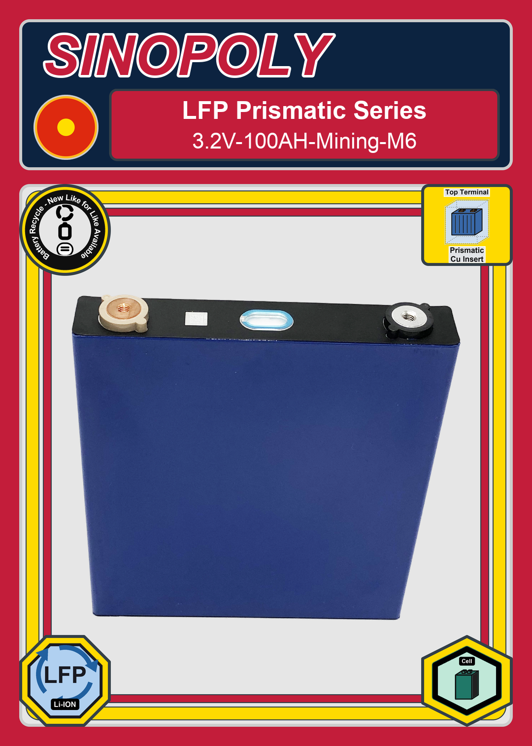 Battery Recycle Sinopoly LFP Prismatic Series 3 2V 100AH Mining M6