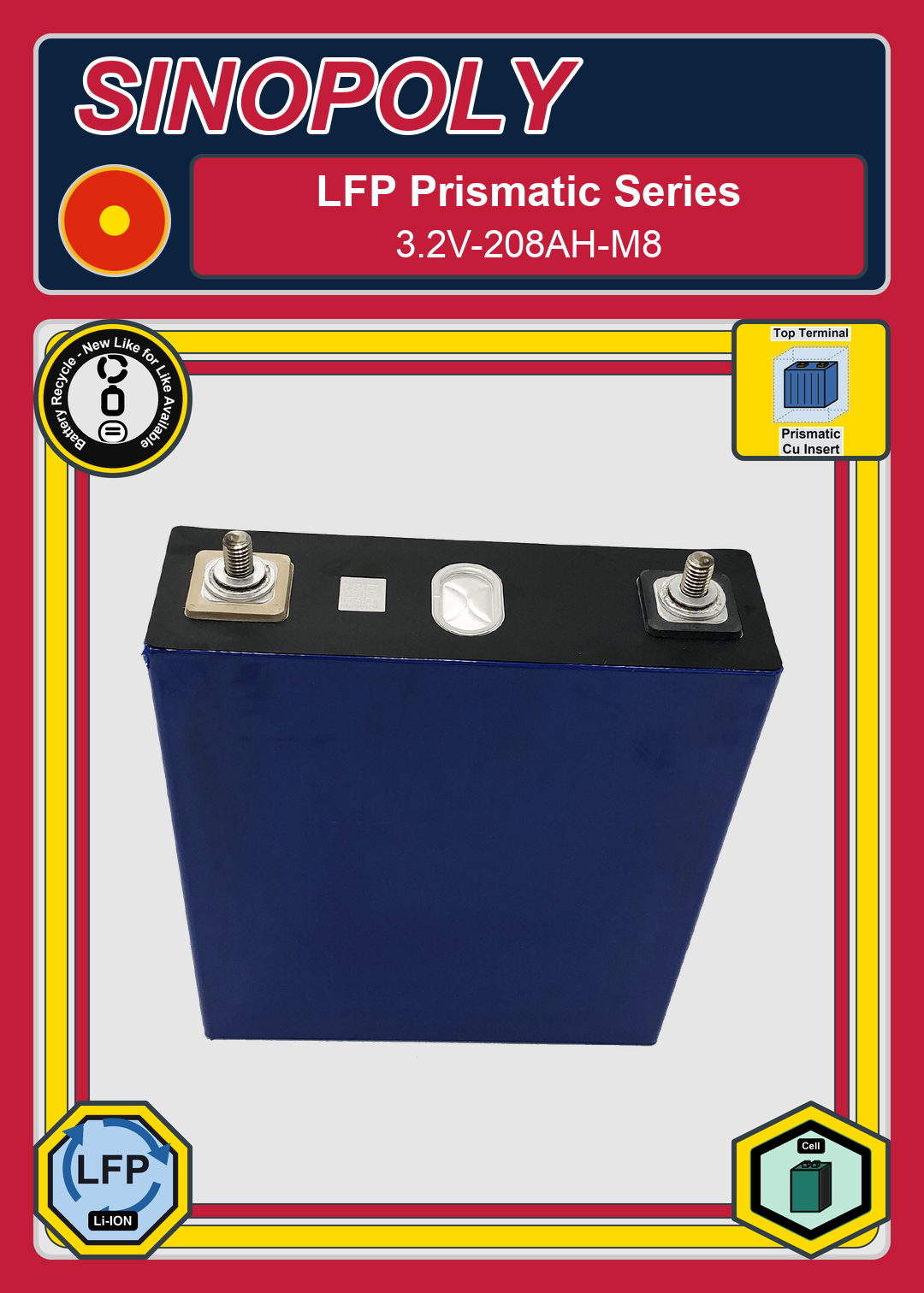 Battery Recycle Sinopoly LFP Prismatic Series 3 2V 208AH M8