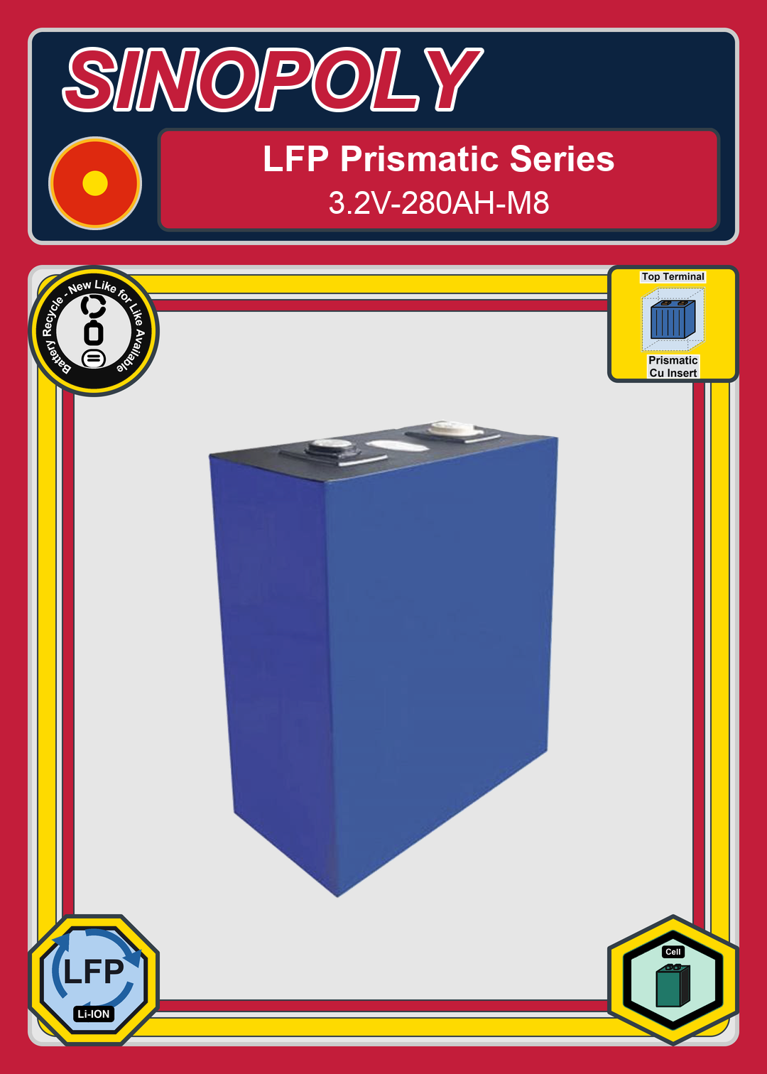 Battery Recycle Sinopoly LFP Prismatic Series 3 2V 280AH M8