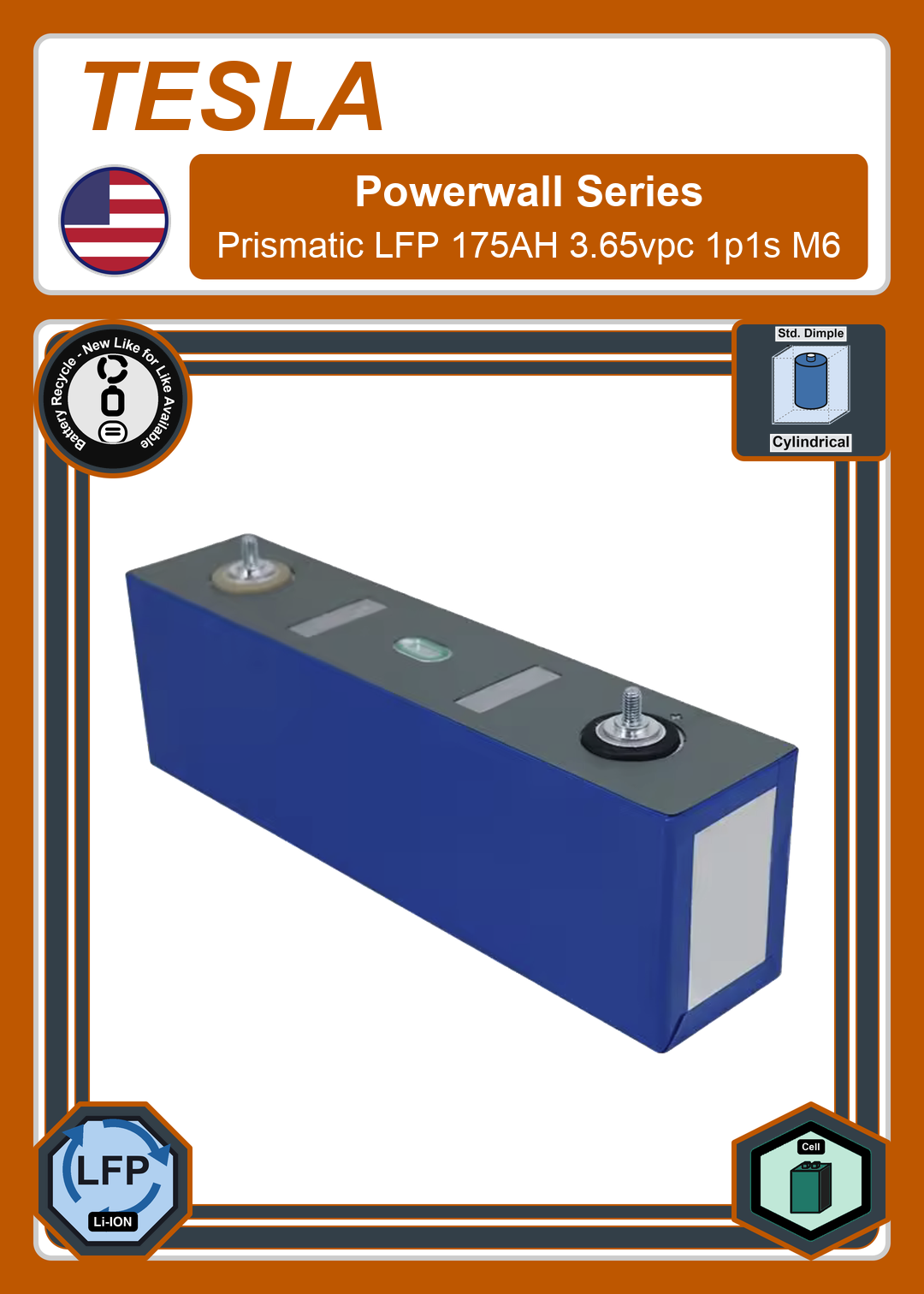 Battery Recycle Tesla Prismatic LFP 175AH 3 65vpc 1p1s M6