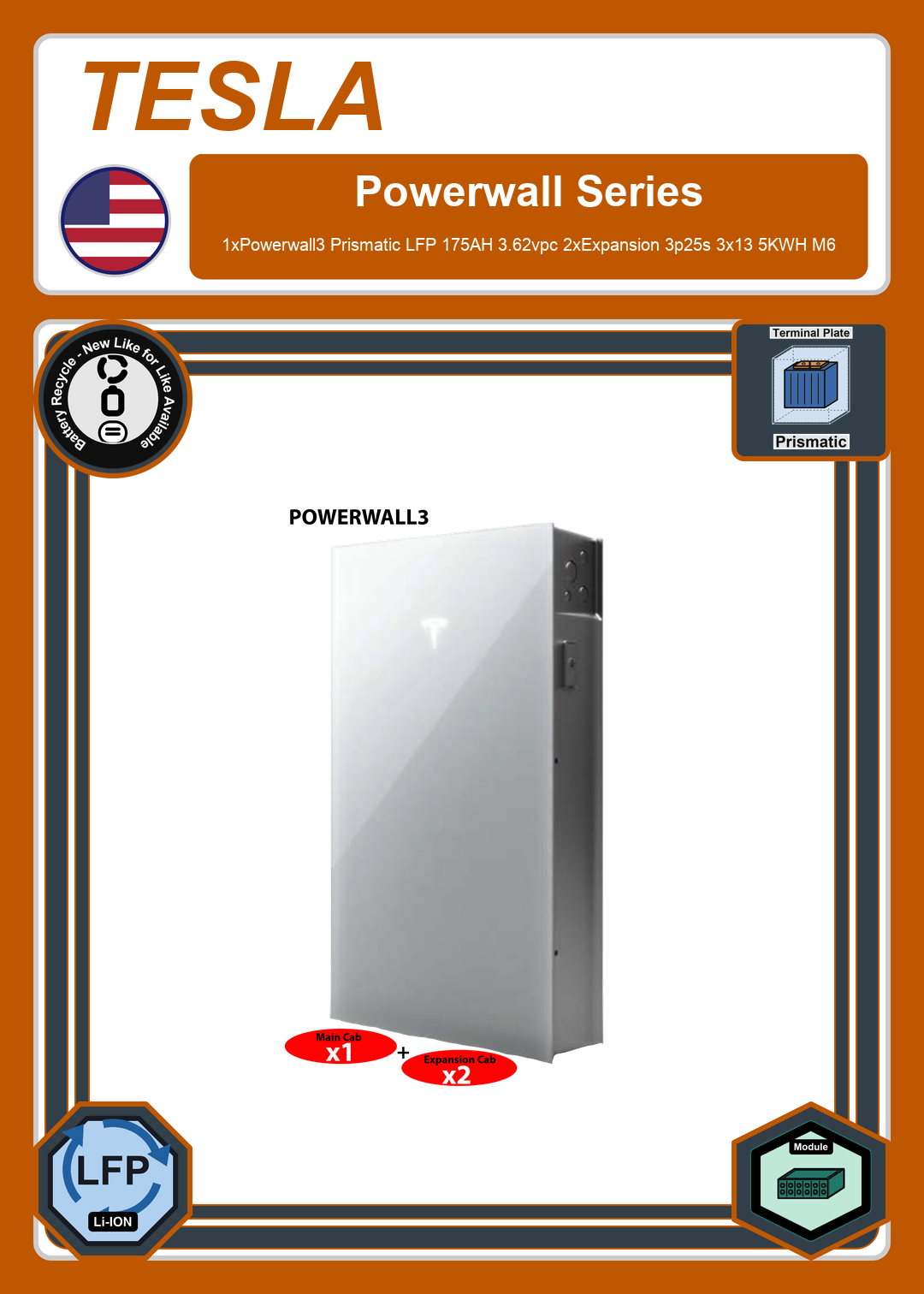 Battery Recycle Tesla 1xPowerwall3 Prismatic LFP 175AH 3 62vpc 2xExpansion 3p25s 3x13 5KWH M6