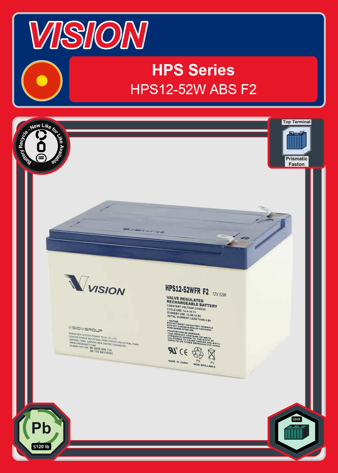 Battery Recycle Vision HPS Series HPS12 52W ABS F2