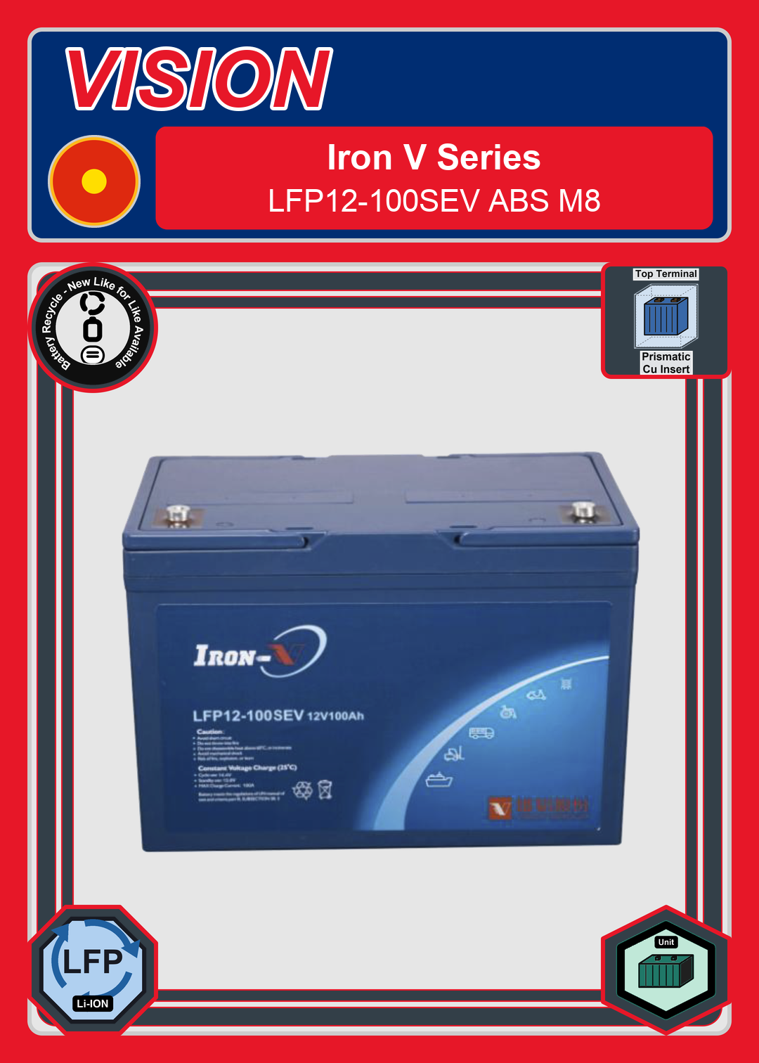 Battery Recycle Vision Iron V Series LFP12 100SEV ABS M8