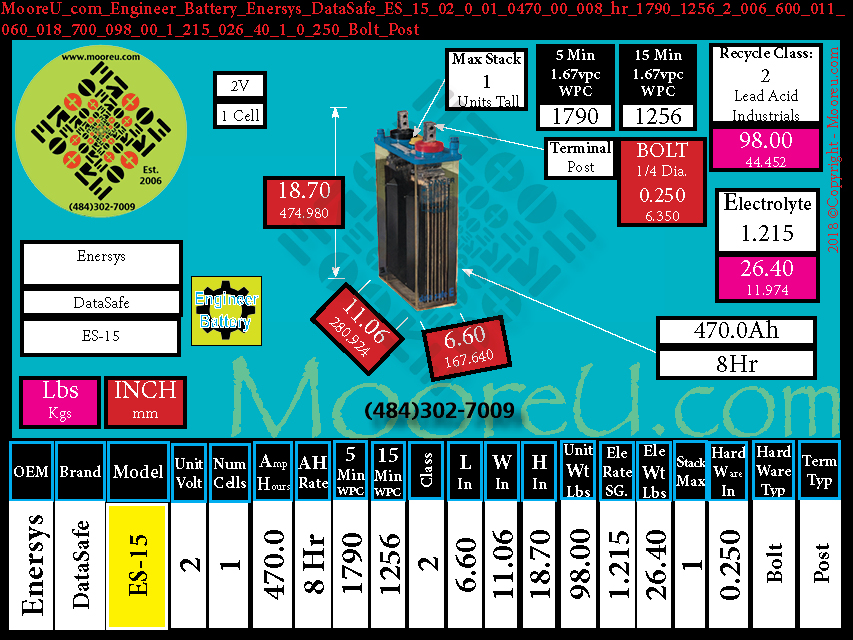 Product image for Engineer Battery Enersys DataSafe ES 15