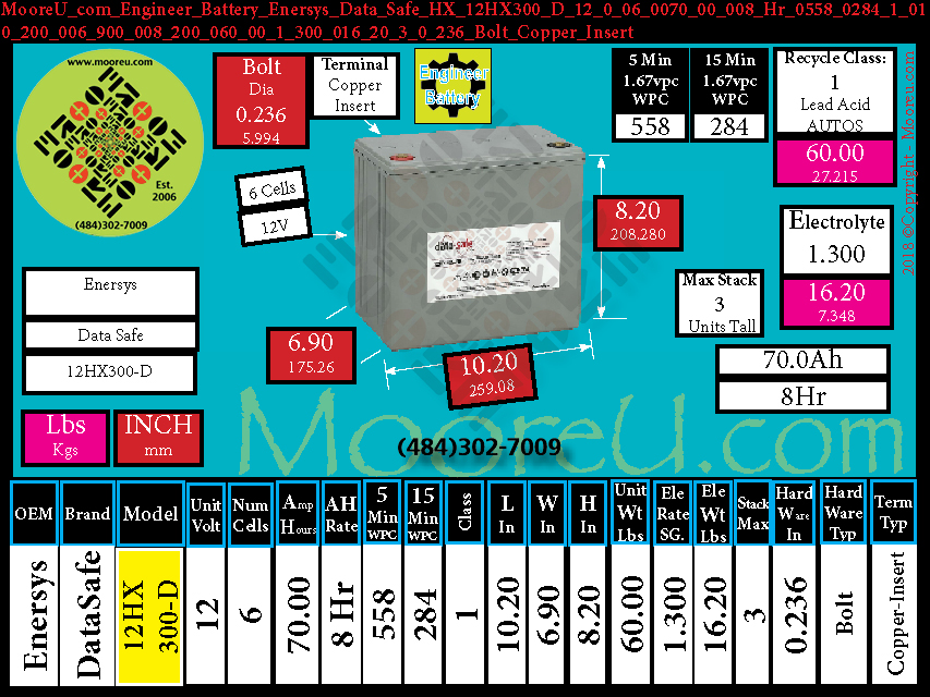 Product image for Engineer Battery Enersys Data Safe HX 12HX300 D