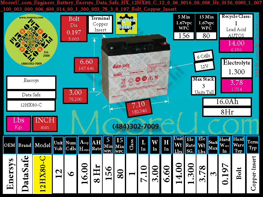 Product image for Engineer Battery Enersys Data Safe HX 12HX80 C