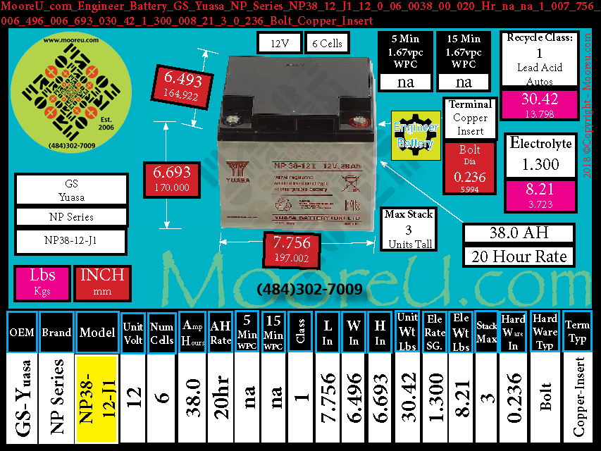 Product image for Engineer Battery GS Yuasa NP Series NP38 12 J1
