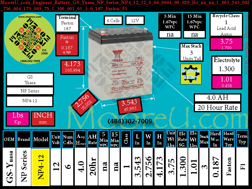 Product image for Engineer Battery GS Yuasa NP Series NP4 12