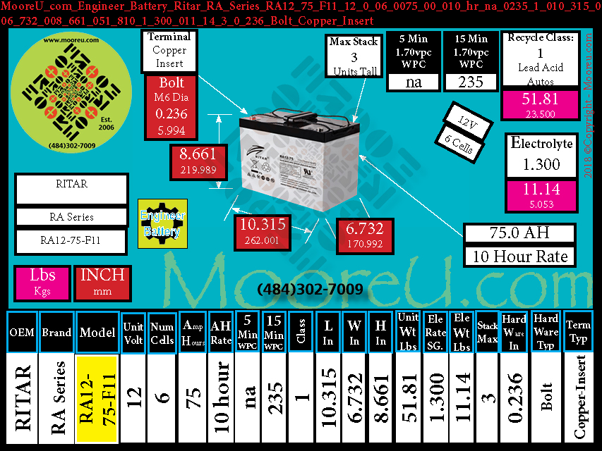 Product image for Engineer Battery Ritar RA Series RA12 75 F11