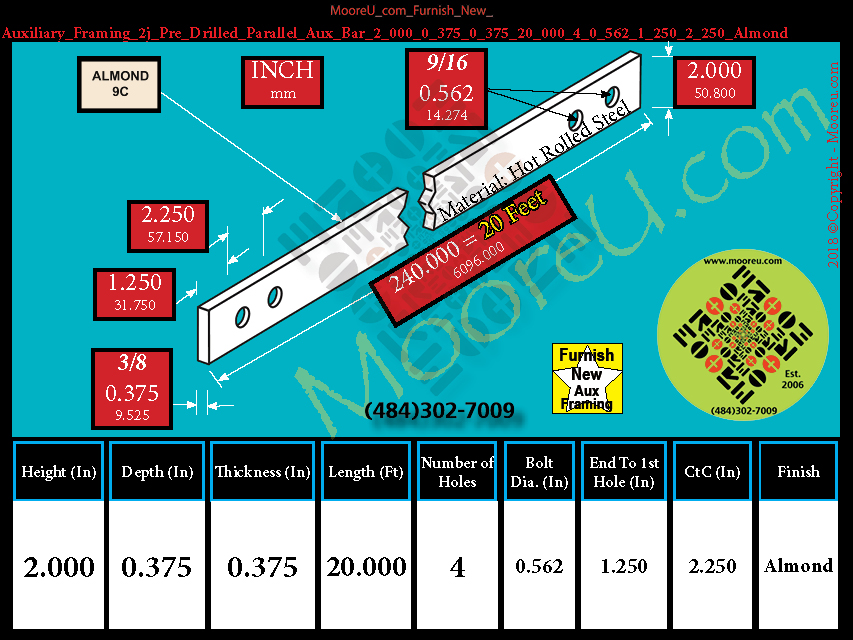 Product image for Furnish New Aux Framing 2j Pre Drilled Parallel Aux Bar 2 000 0 375 0 375 20 000 4 0 562 1 250 2 250 Almond