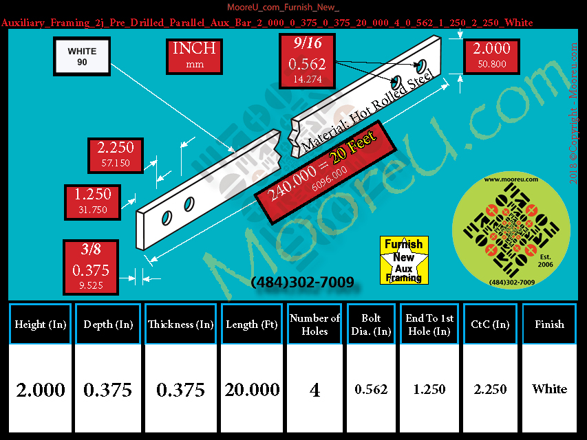 Product image for Furnish New Aux Framing 2j Pre Drilled Parallel Aux Bar 2 000 0 375 0 375 20 000 4 0 562 1 250 2 250 White