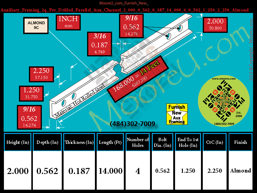 Product image for Furnish New Aux Framing 2q Pre Drilled Parallel Aux Channel 2 000 0 562 0 187 14 000 4 0 562 1 250 2 250 Almond