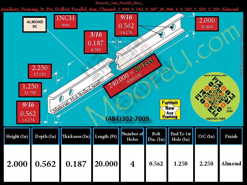 Product image for Furnish New Aux Framing 2t Pre Drilled Parallel Aux Channel 2 000 0 562 0 187 20 000 4 0 562 1 250 2 250 Almond