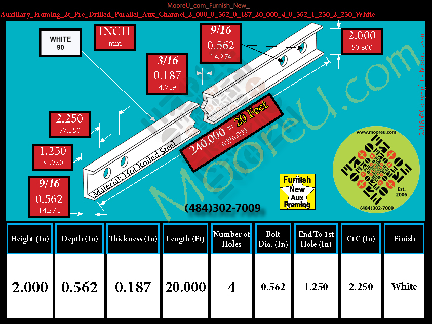 Product image for Furnish New Aux Framing 2t Pre Drilled Parallel Aux Channel 2 000 0 562 0 187 20 000 4 0 562 1 250 2 250 White