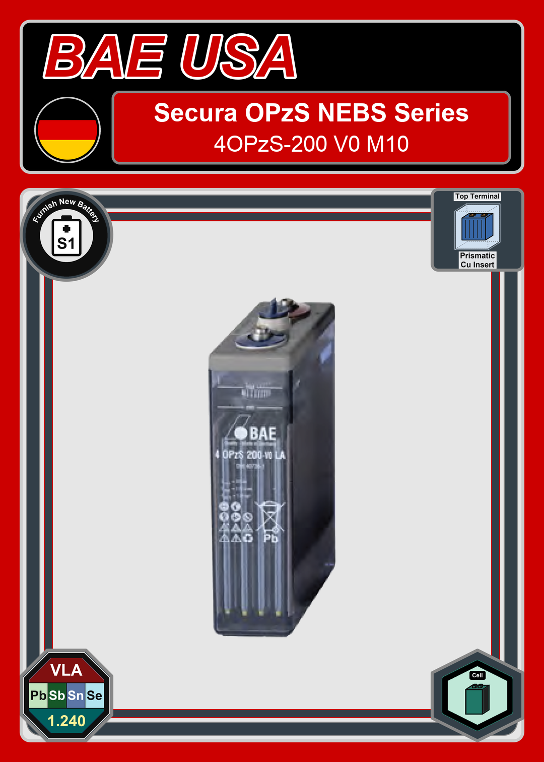 Furnish New Battery BAE Battery Secura OPzS NEBS Series 4OPzS 200 V0 M10