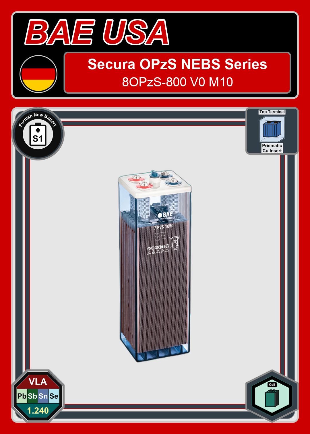 Furnish New Battery BAE Battery Secura OPzS NEBS Series 8OPzS 800 V0 M10