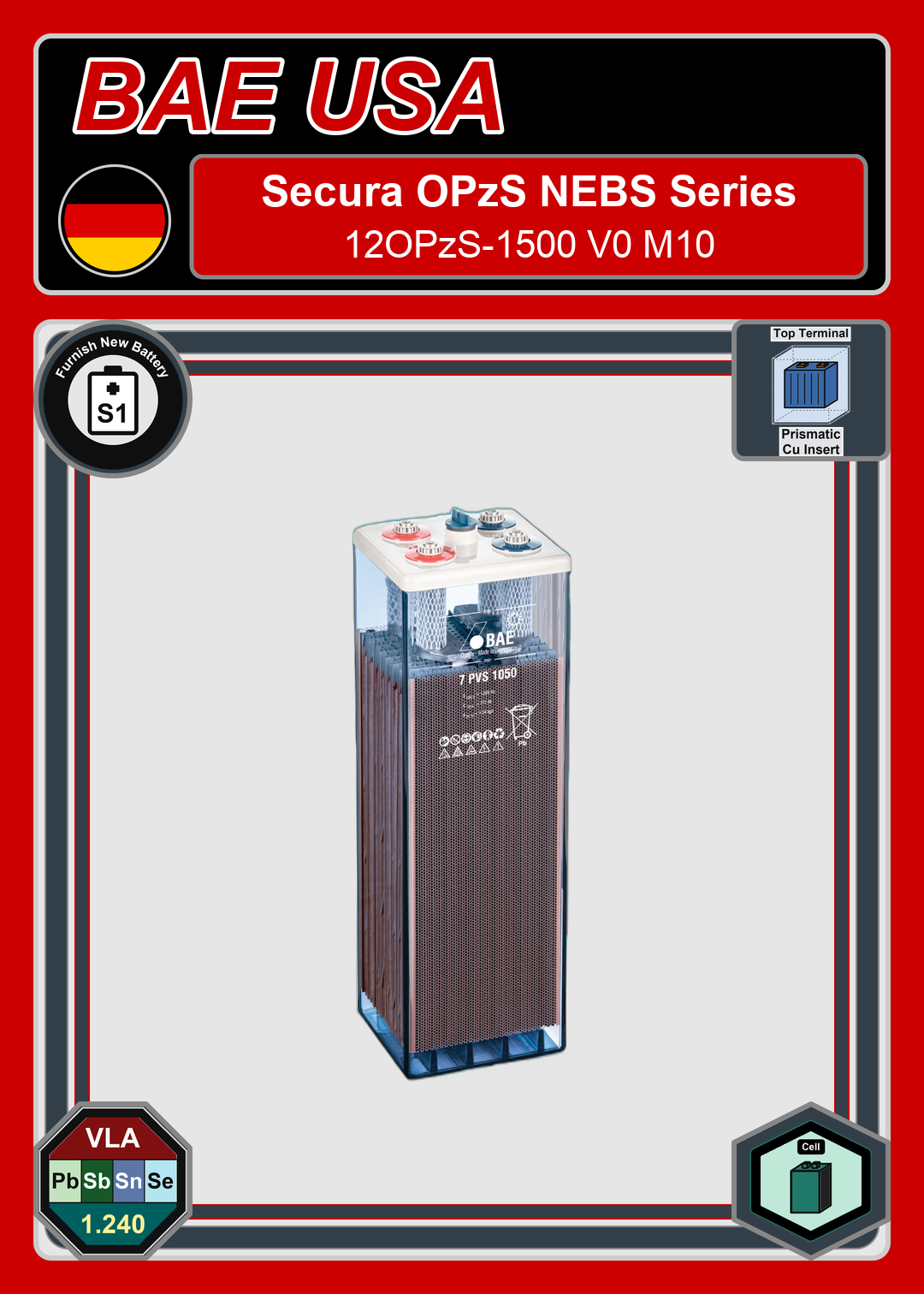 Furnish New Battery BAE Battery Secura OPzS NEBS Series 12OPzS 1500 V0 M10