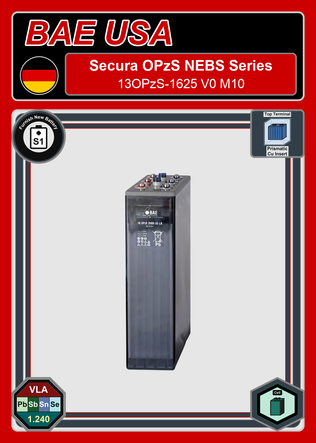 Furnish New Battery BAE Battery Secura OPzS NEBS Series 13OPzS 1625 V0 M10