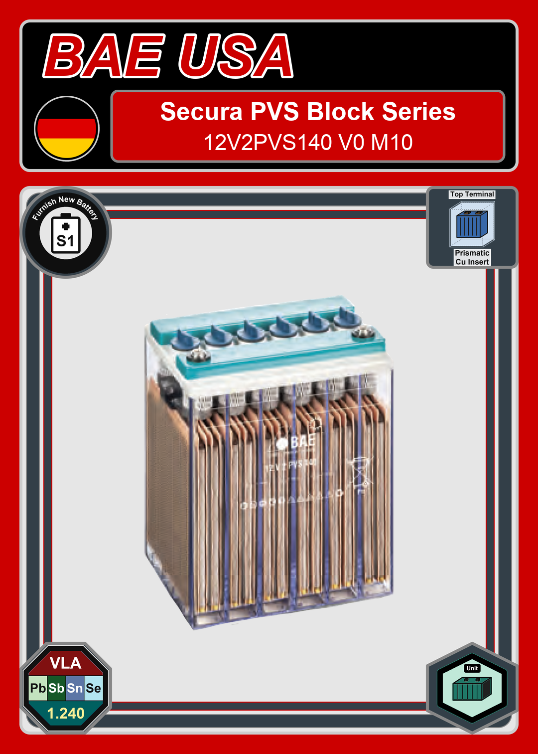 Furnish New Battery BAE Battery Secura PVS Block Series 12V2PVS140 V0 M10