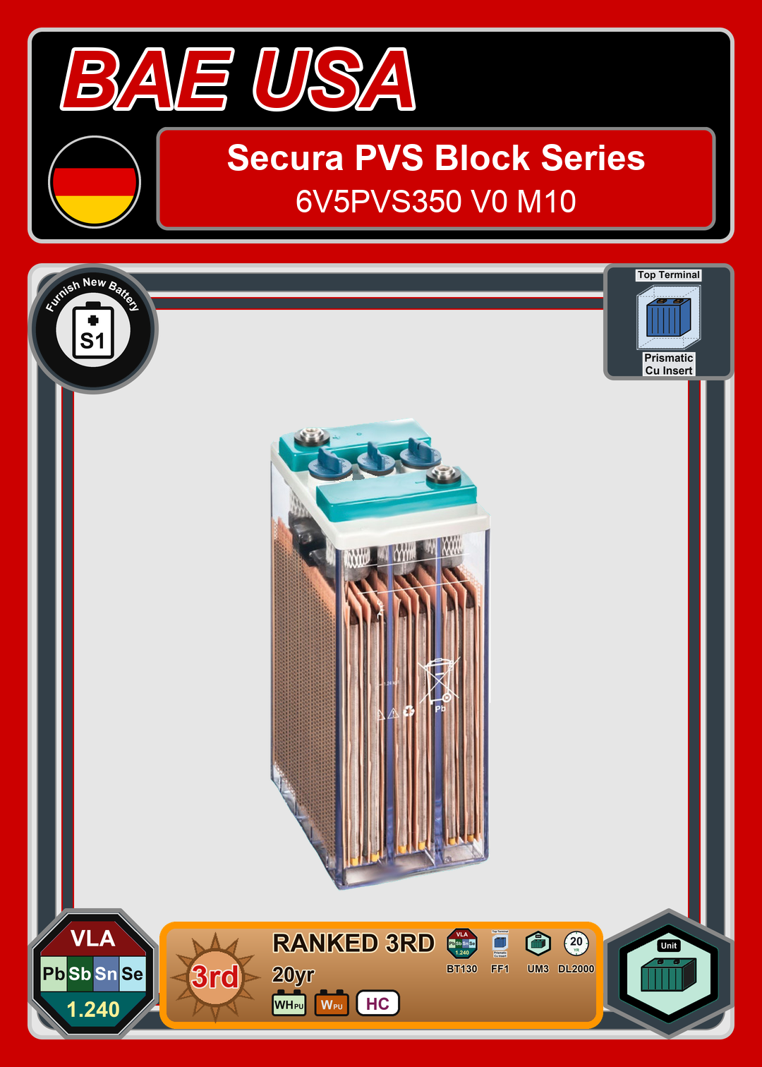 Furnish New Battery BAE Battery Secura PVS Block Series 6V5PVS350 V0 M10