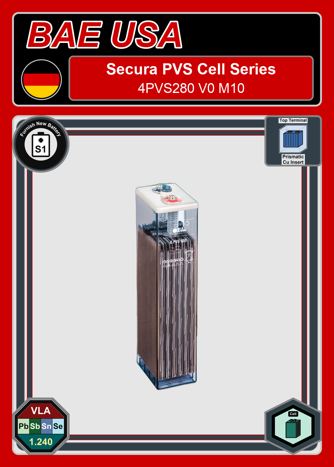 Furnish New Battery BAE Battery Secura PVS Cell Series 4PVS280 V0 M10