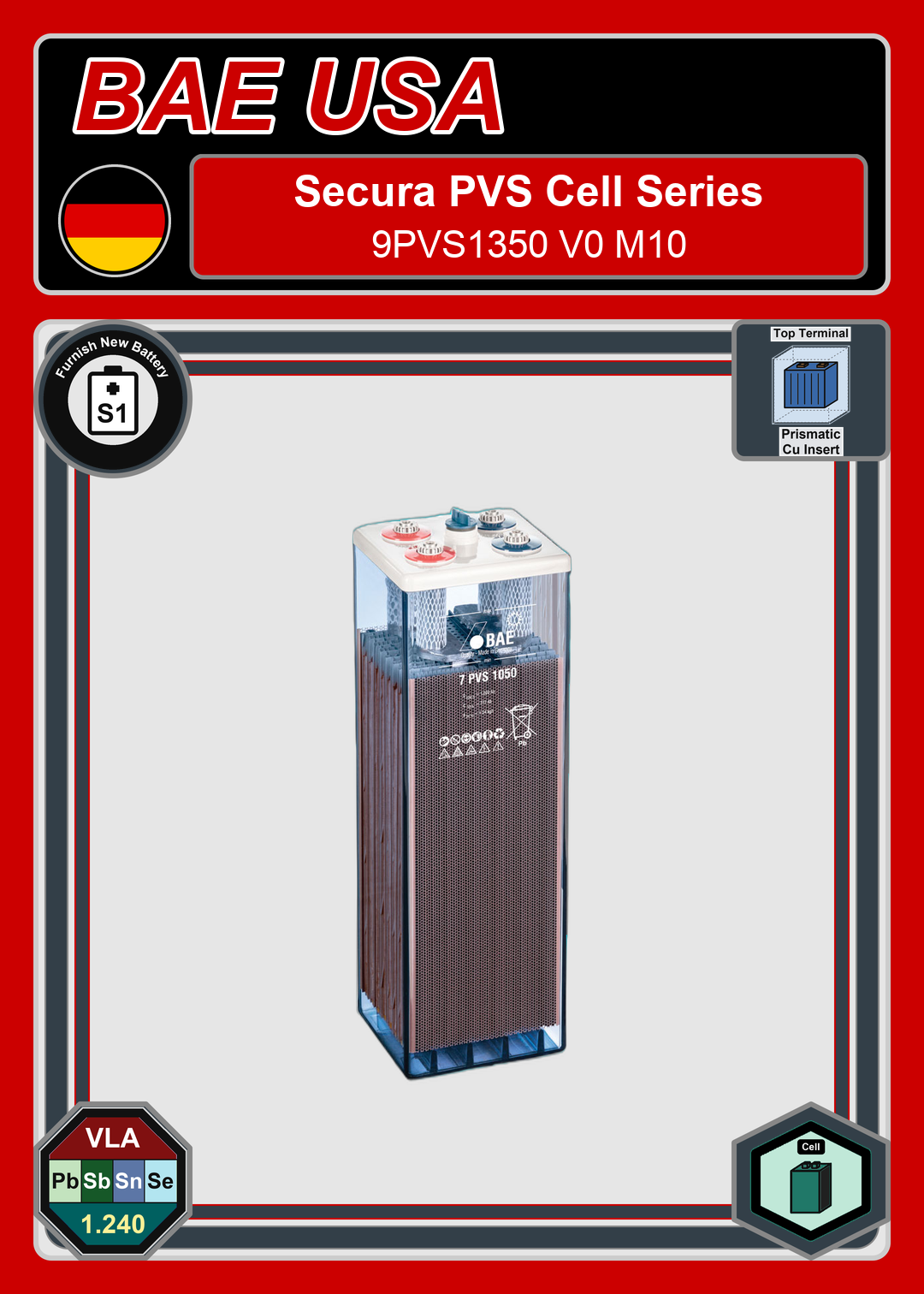 Furnish New Battery BAE Battery Secura PVS Cell Series 9PVS1350 V0 M10