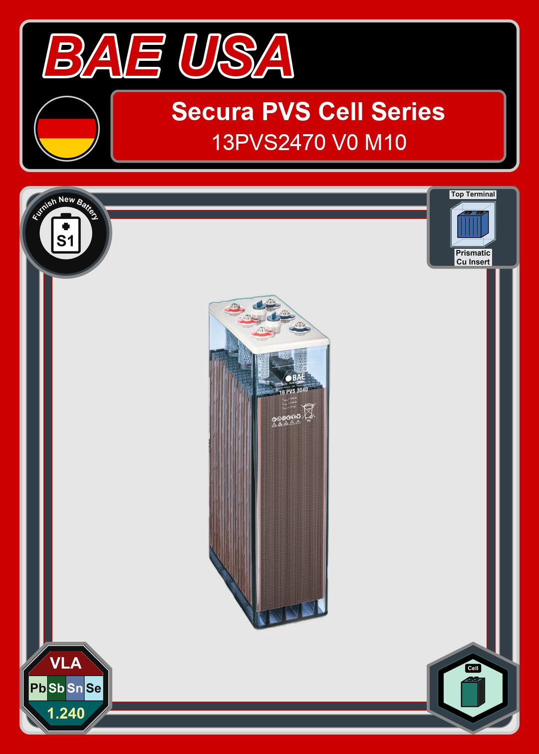 Furnish New Battery BAE Battery Secura PVS Cell Series 13PVS2470 V0 M10