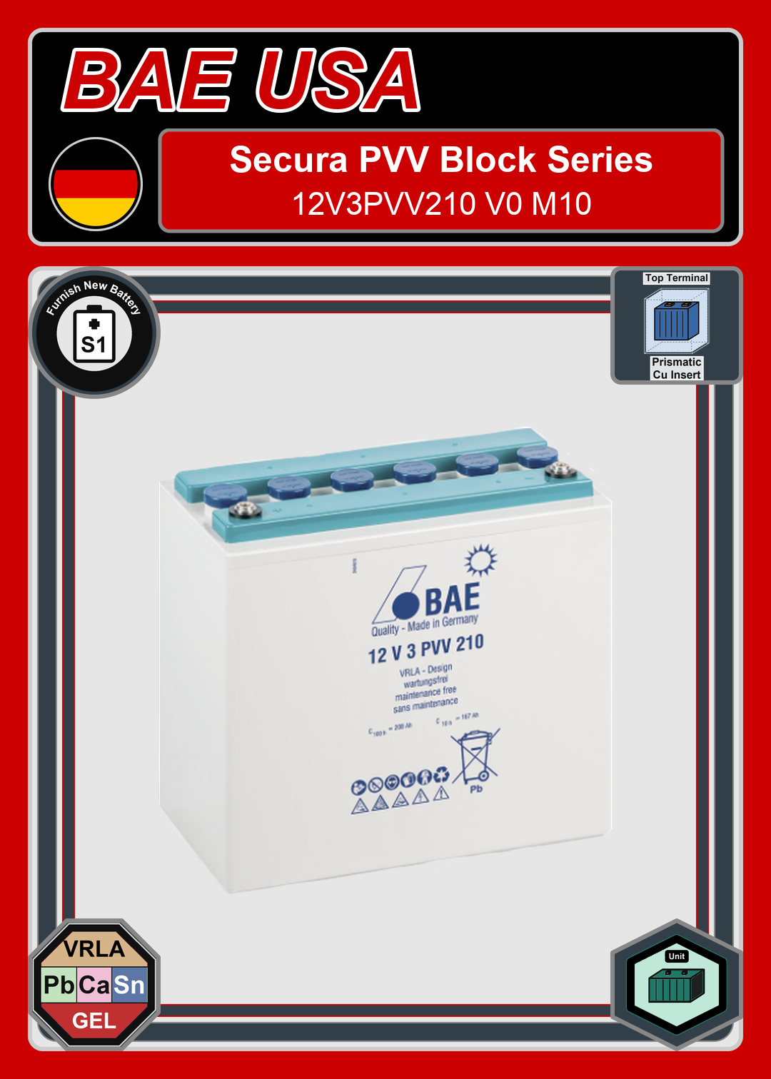 Furnish New Battery BAE Battery Secura PVV Block Series 12V3PVV210 V0 M10