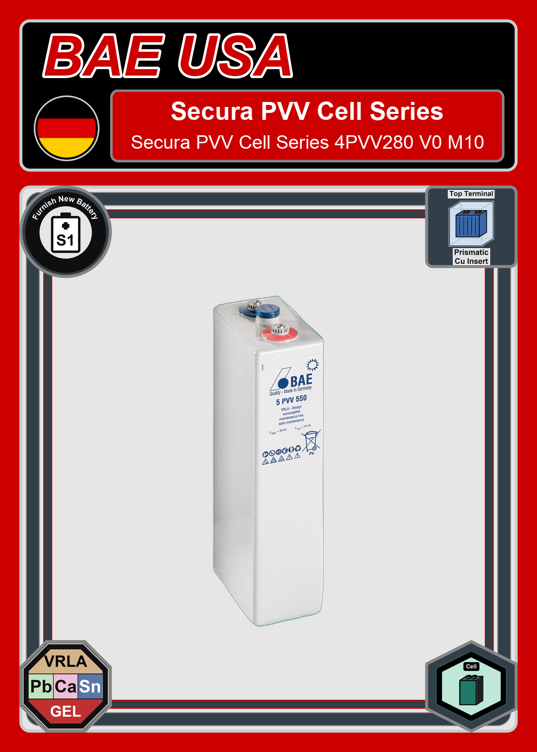 Furnish New Battery BAE Battery Secura PVV Cell Series 4PVV280 V0 M10