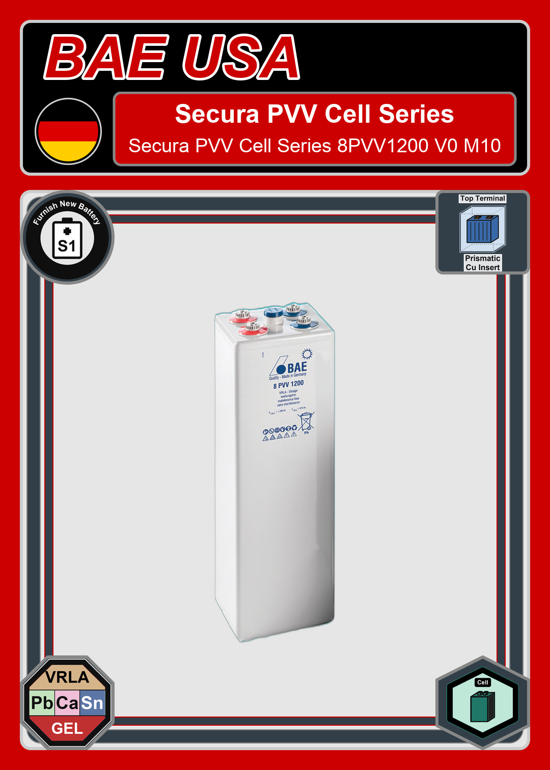Furnish New Battery BAE Battery Secura PVV Cell Series 8PVV1200 V0 M10