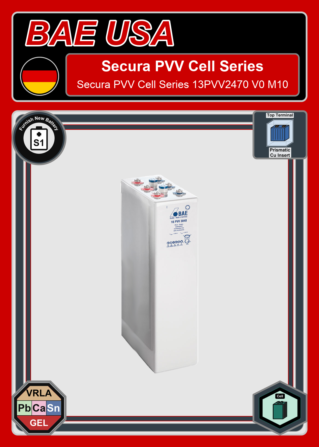 Furnish New Battery BAE Battery Secura PVV Cell Series 13PVV2470 V0 M10