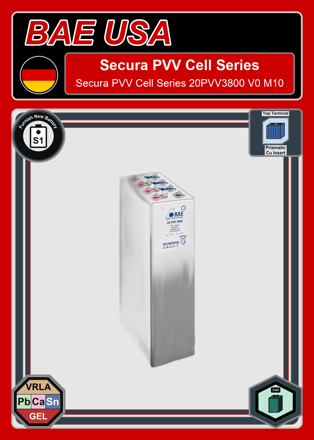 Furnish New Battery BAE Battery Secura PVV Cell Series 20PVV3800 V0 M10