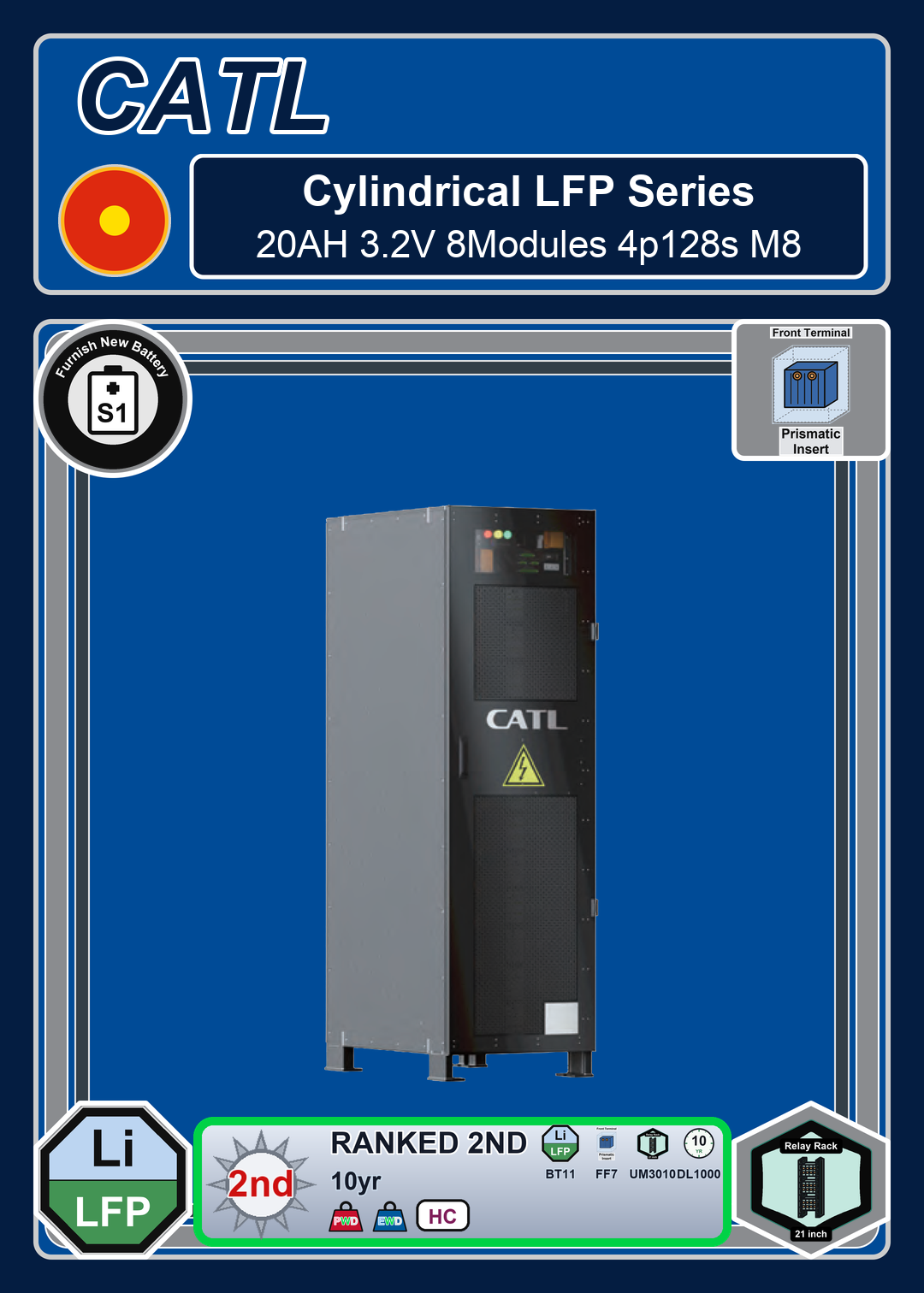 Furnish New Battery CATL Cylindrical LFP Series 20AH 3 2V 8Modules 4p128s M8