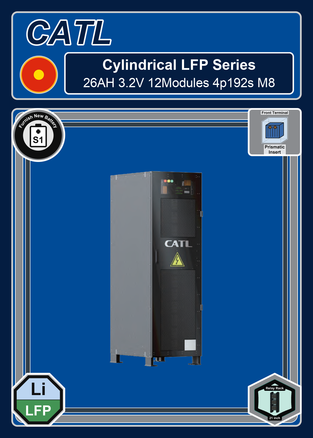 Furnish New Battery CATL Cylindrical LFP Series 26AH 3 2V 12Modules 4p192s M8