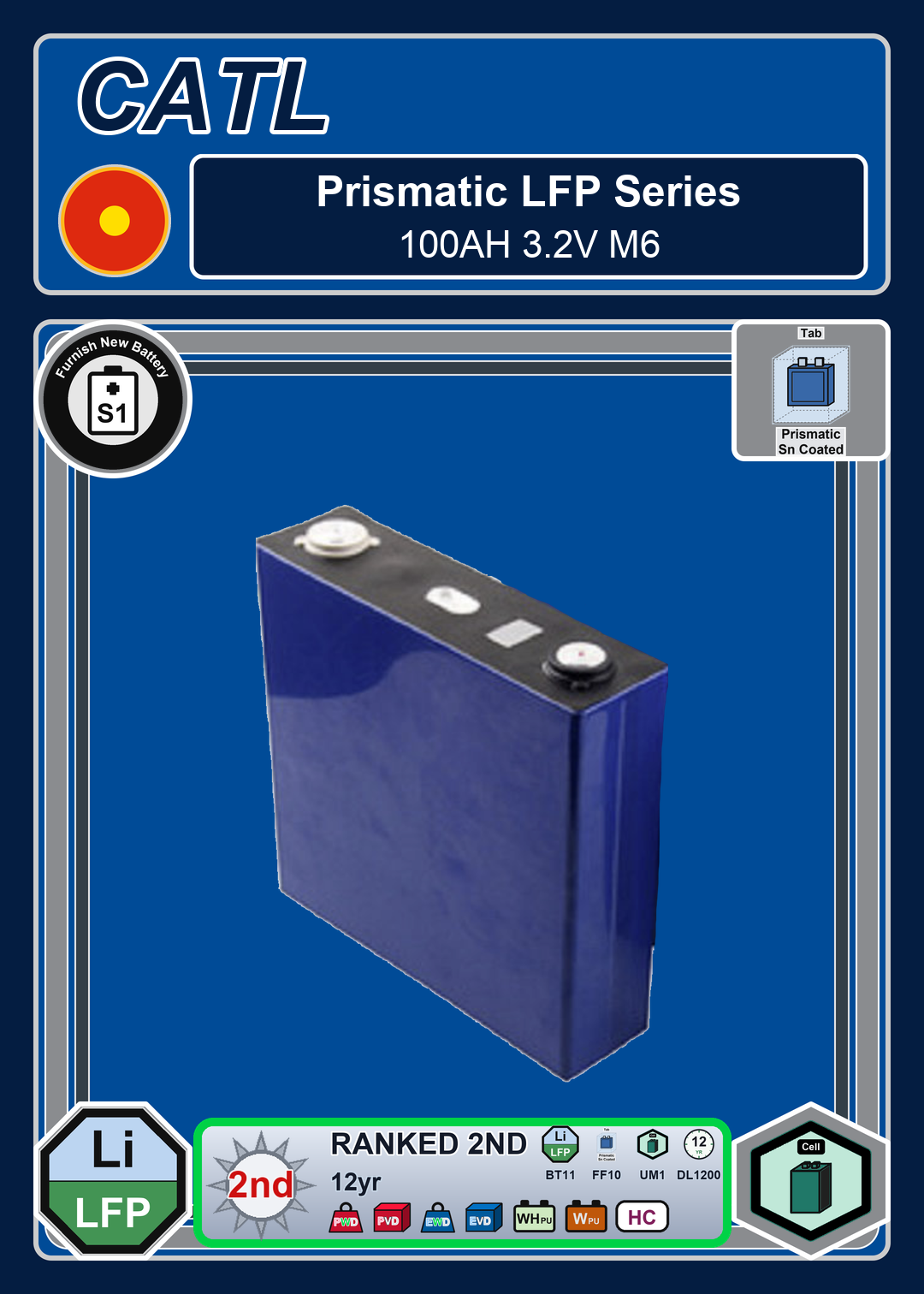 Furnish New Battery CATL Prismatic LFP Series 100AH 3 2V M6